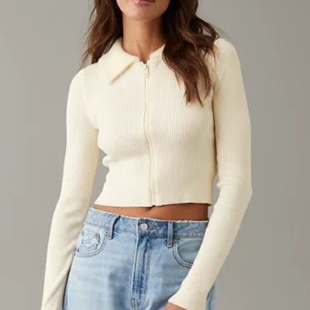 American Eagle | XL | Eyelash Collar Zip Sweater | Cream